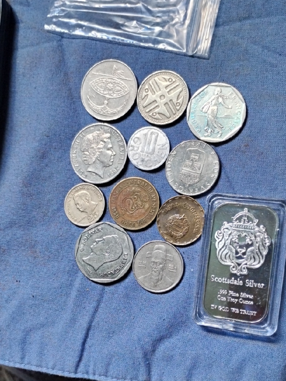 Mixed World Coin Lot with Scottsdale Plated Silver Bar - Silver and Copper Tones
